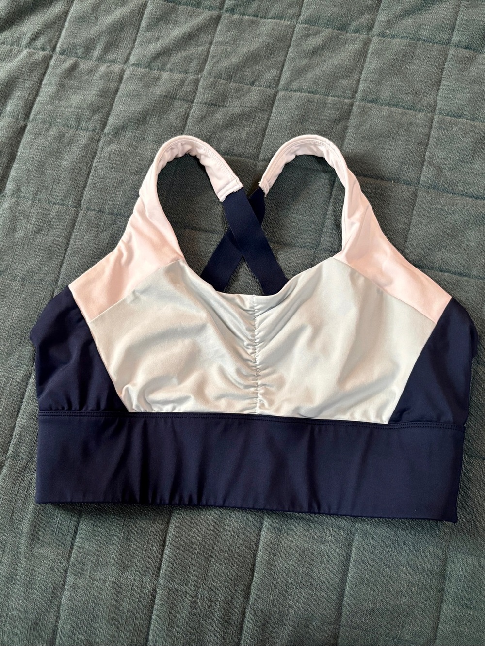 Colorblock Sports Bra in Navy, Light Pink & Pale Blue